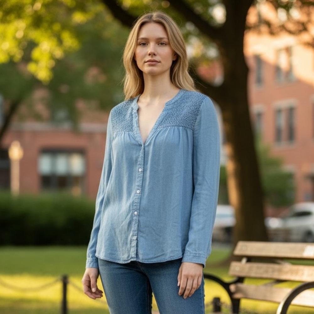 For the Republic | chambray denim top blouse | Size Large